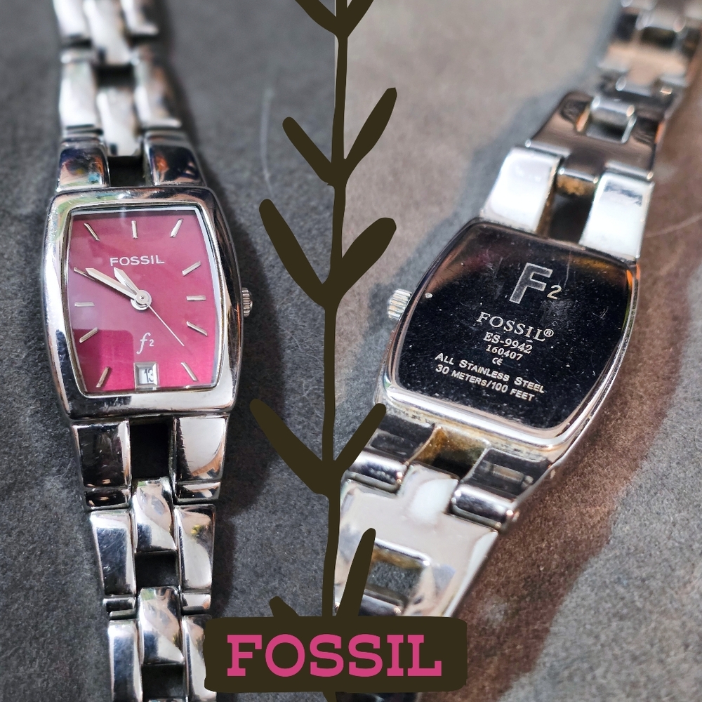 Fossil - Vintage F2 Women's Watch With Silver Metal Band & Wine Color Face